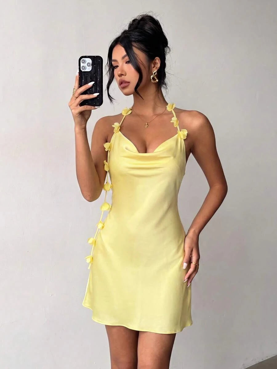 Elegant A-Line Halter Cowl Neck Flower Backless Satin Yellow Short Homecoming Dress