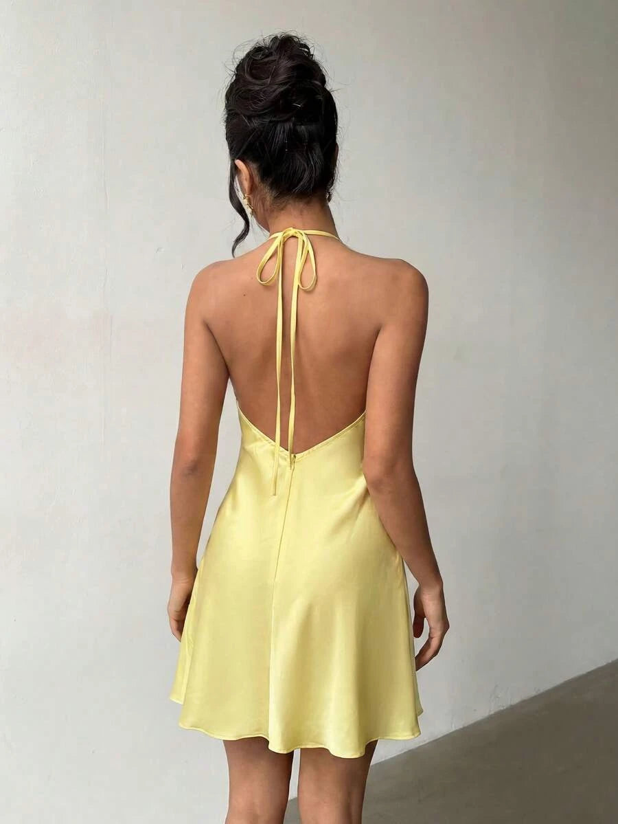 Elegant A-Line Halter Cowl Neck Flower Backless Satin Yellow Short Homecoming Dress