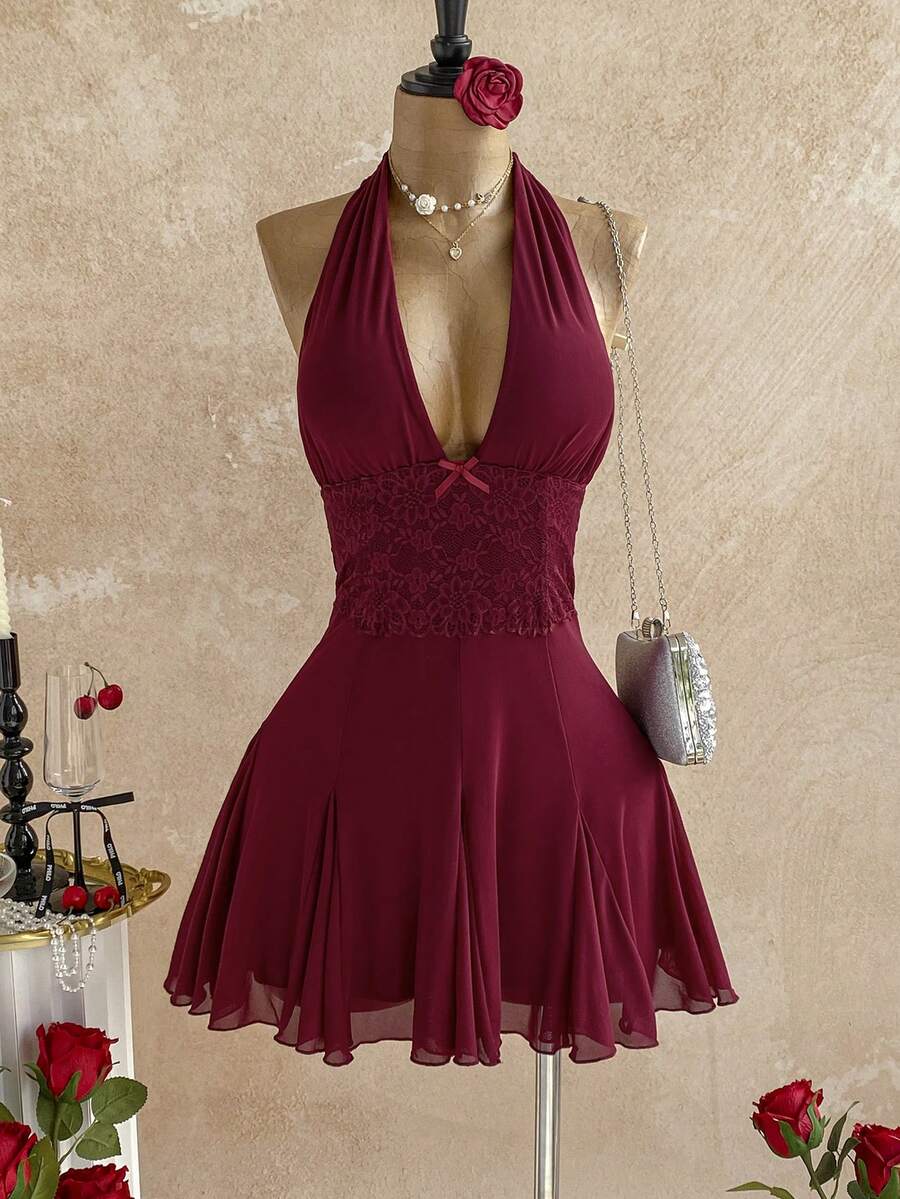 Elegant A-Line Halter Deep V Neck Tie Lace Waist Burgundy Mini Homecoming Dress