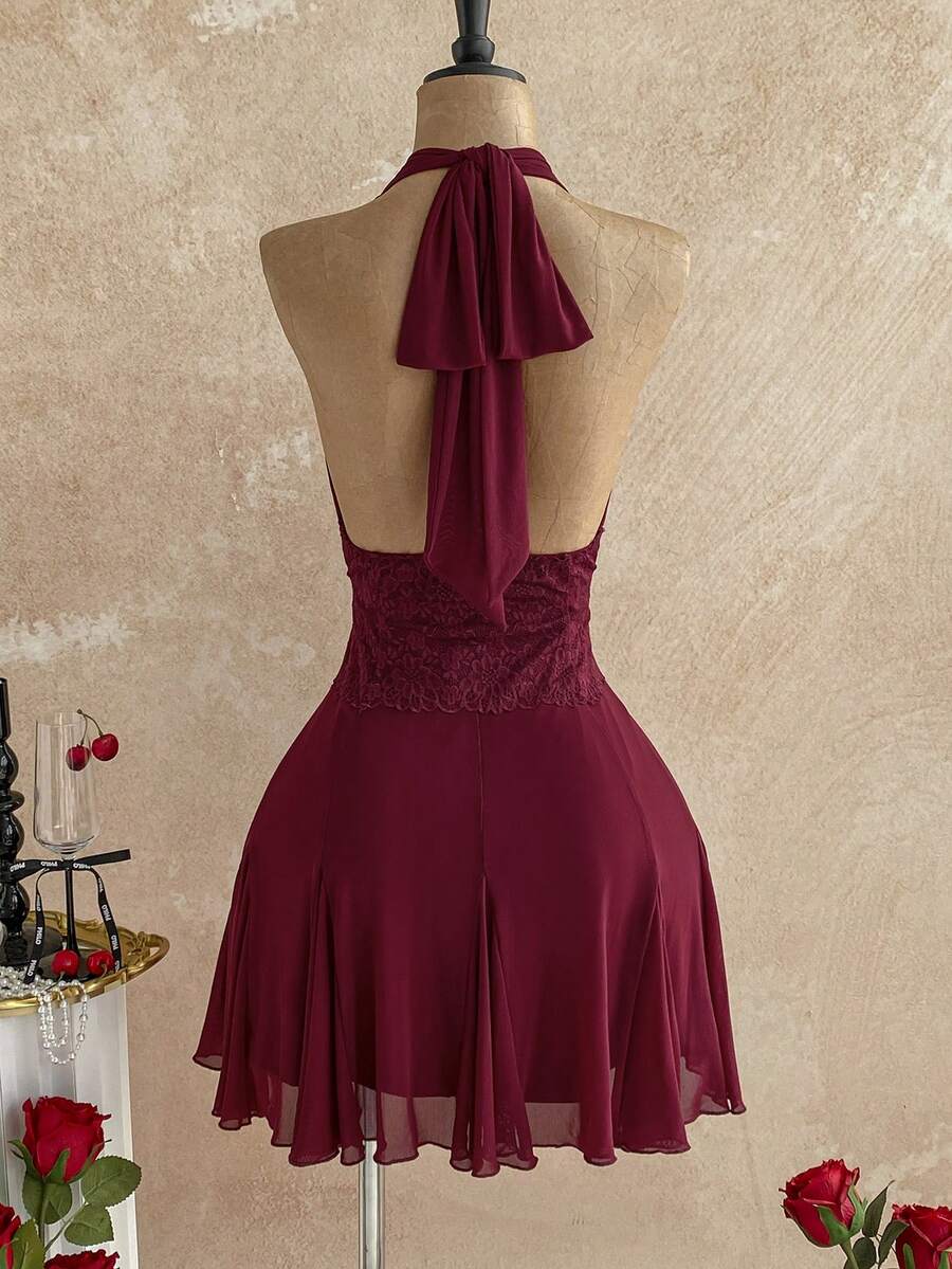 Elegant A-Line Halter Deep V Neck Tie Lace Waist Burgundy Mini Homecoming Dress