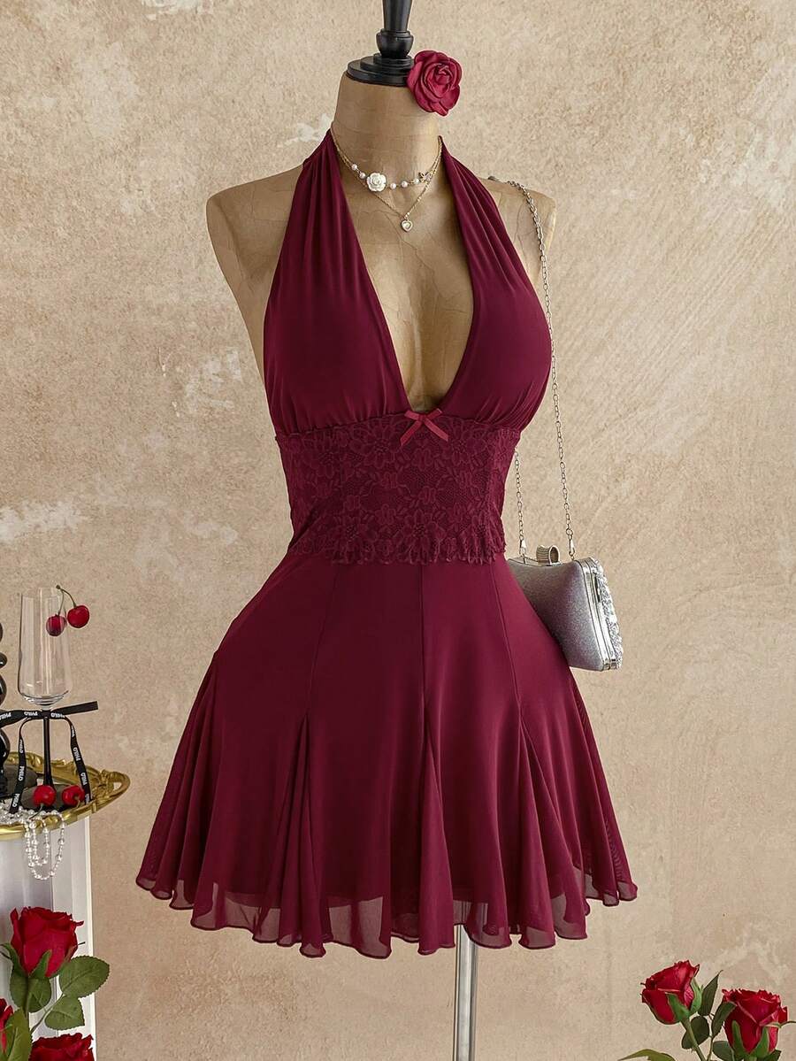 Elegant A-Line Halter Deep V Neck Tie Lace Waist Burgundy Mini Homecoming Dress