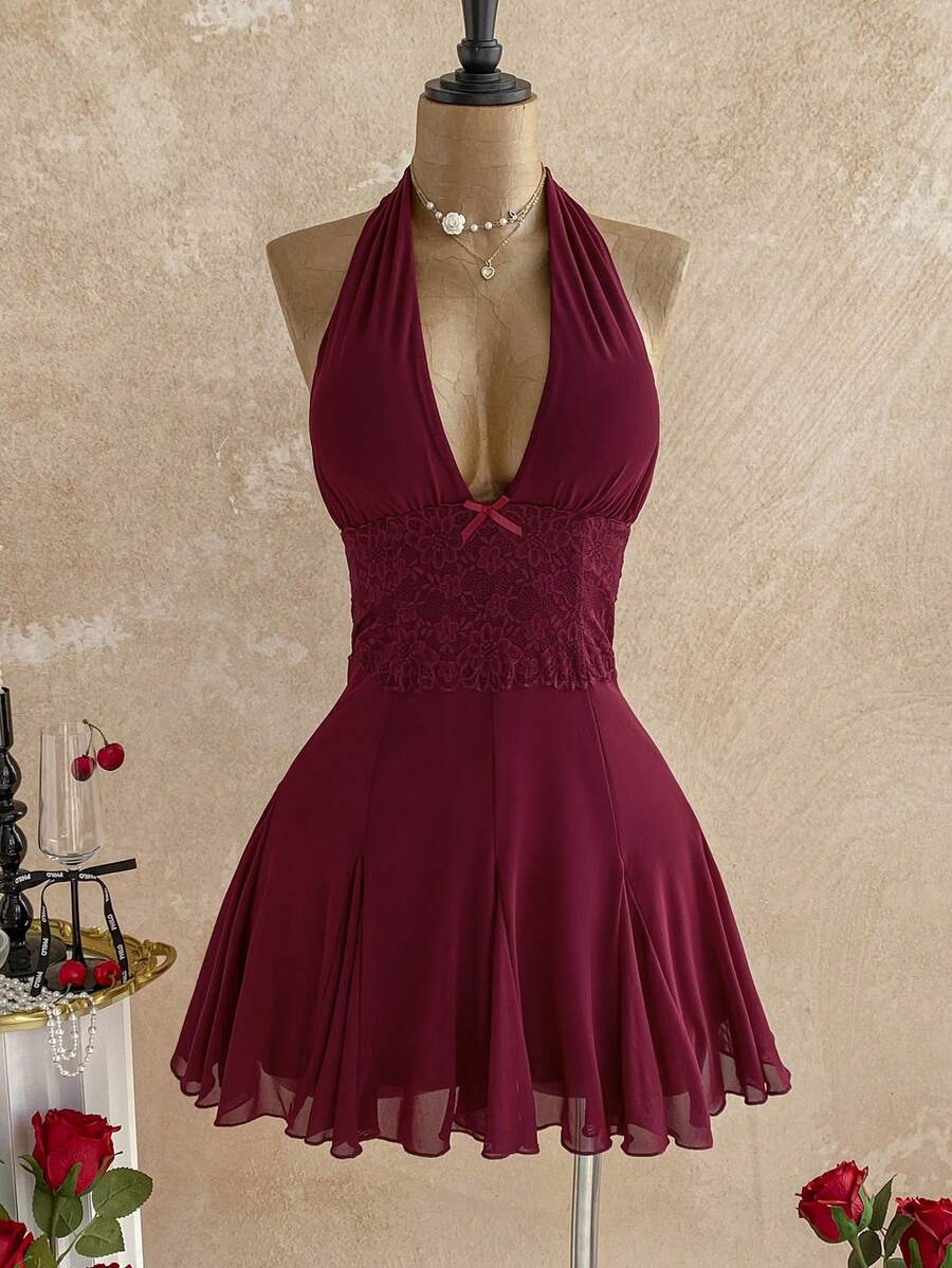 Elegant A-Line Halter Deep V Neck Tie Lace Waist Burgundy Mini Homecoming Dress