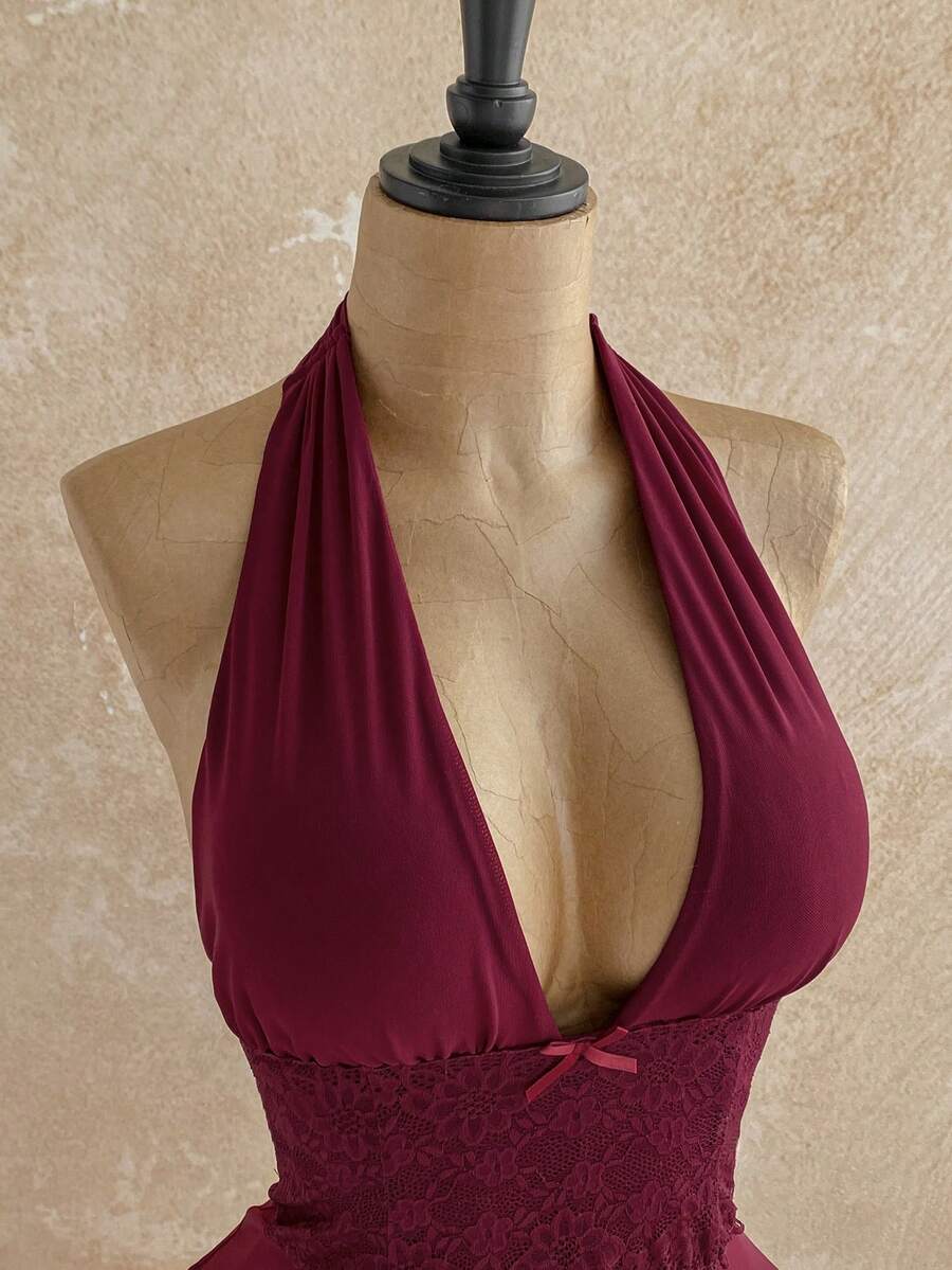 Elegant A-Line Halter Deep V Neck Tie Lace Waist Burgundy Mini Homecoming Dress