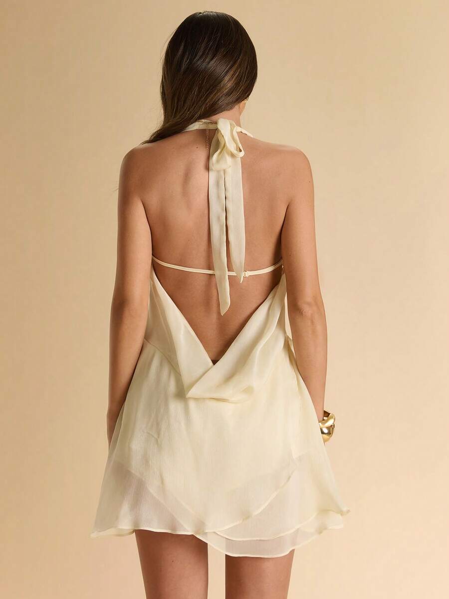 Elegant A-Line Halter Draped Backless Ruffle Hem Pale Yellow Mini Homecoming Dresses