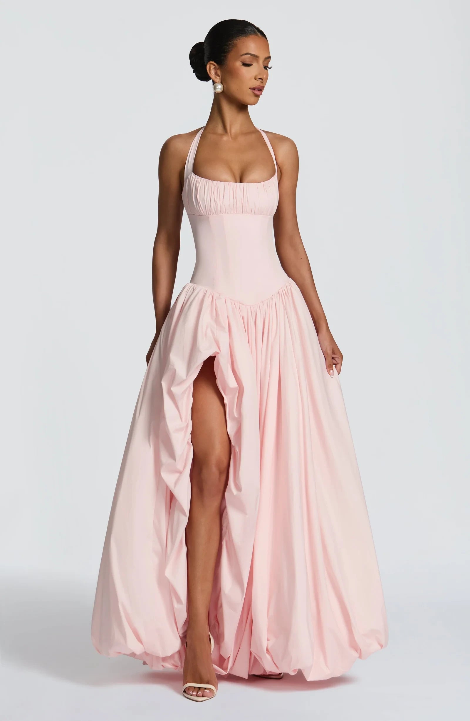 Elegant A-Line Halter High Slit Ruched Blush Floor-Length Prom Dress With Bubble Hem