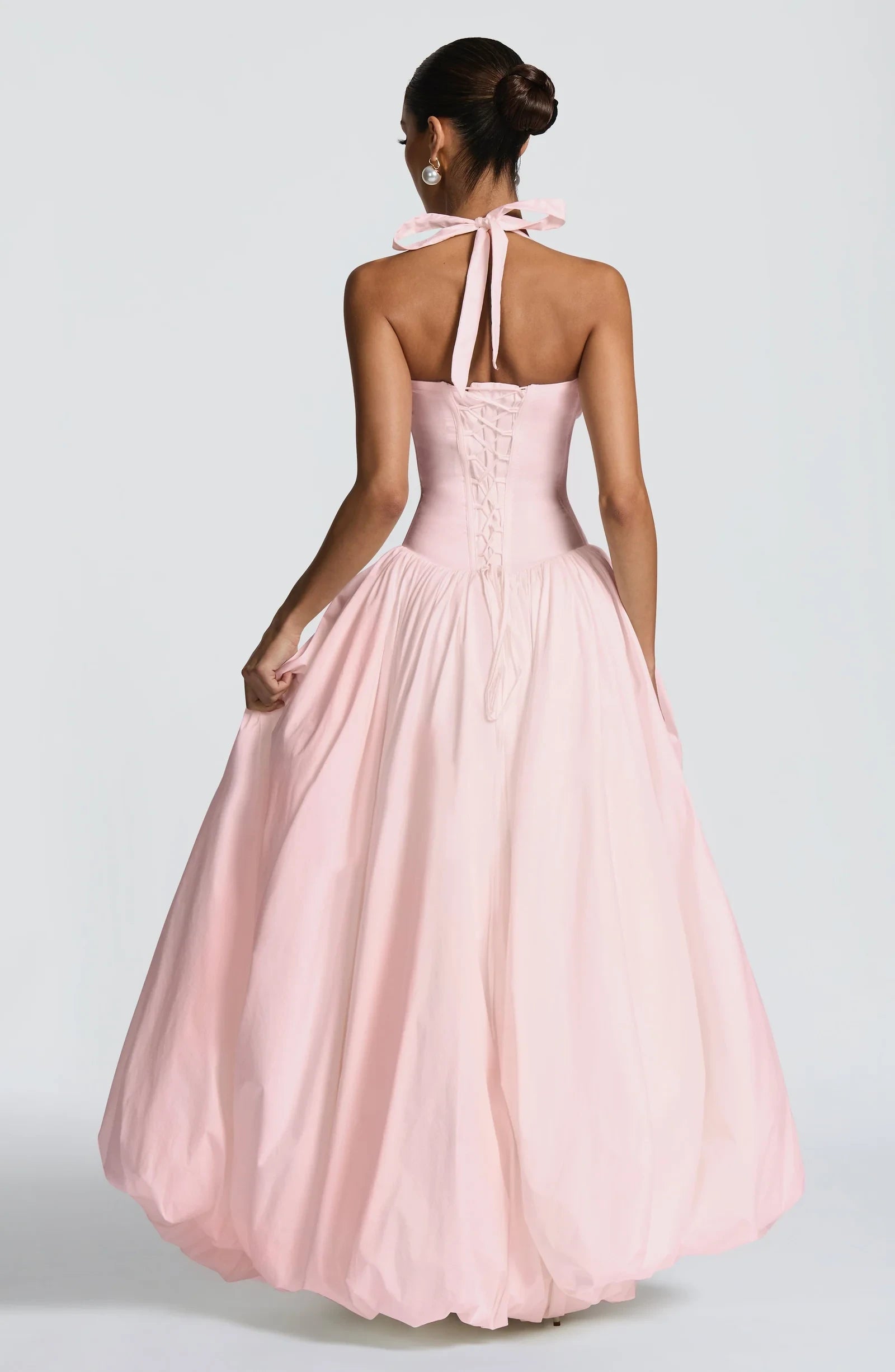 Elegant A-Line Halter High Slit Ruched Blush Floor-Length Prom Dress With Bubble Hem