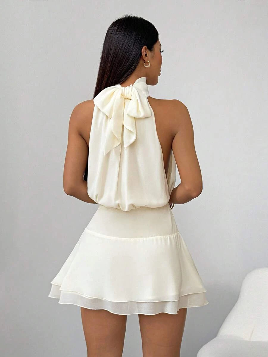 Elegant A-Line Halter Neck Ruched Back-Bow Ivory Mini Homecoming Dresses