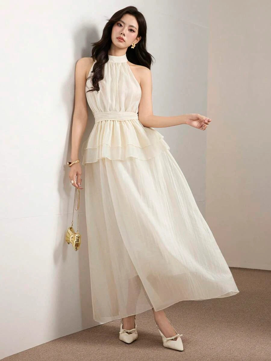 Elegant A-Line Halter Ruffled Pleated Cream Floor-Length Prom Dress With Tie Waist