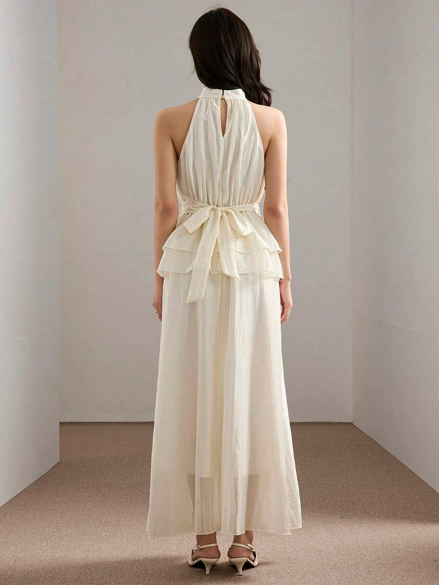 Elegant A-Line Halter Ruffled Pleated Cream Floor-Length Prom Dress With Tie Waist