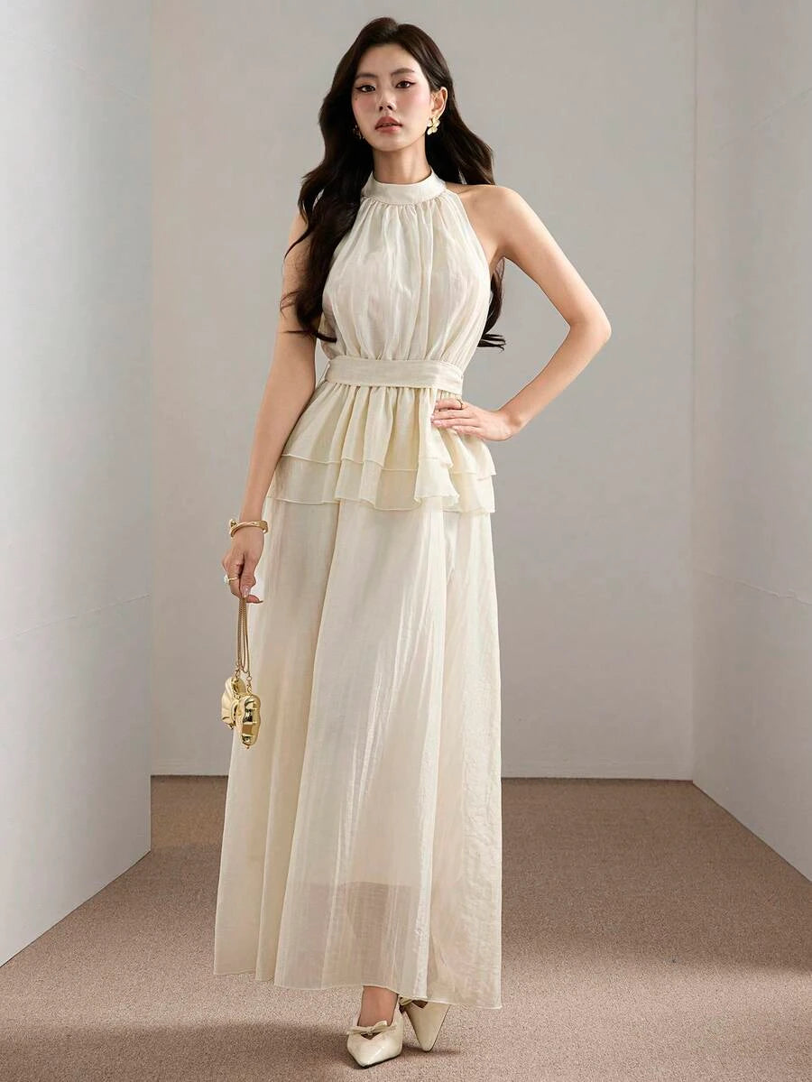 Elegant A-Line Halter Ruffled Pleated Cream Floor-Length Prom Dress With Tie Waist