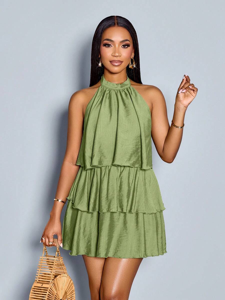 Elegant A-Line Halter Sleeveless Tie Ruffled Tiered Olive Mini Homecoming Dresses