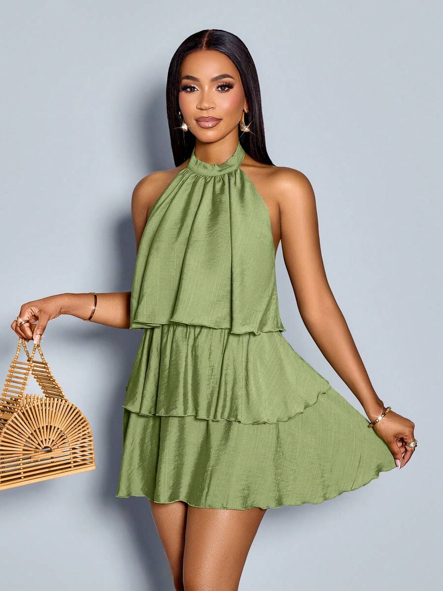 Elegant A-Line Halter Sleeveless Tie Ruffled Tiered Olive Mini Homecoming Dresses