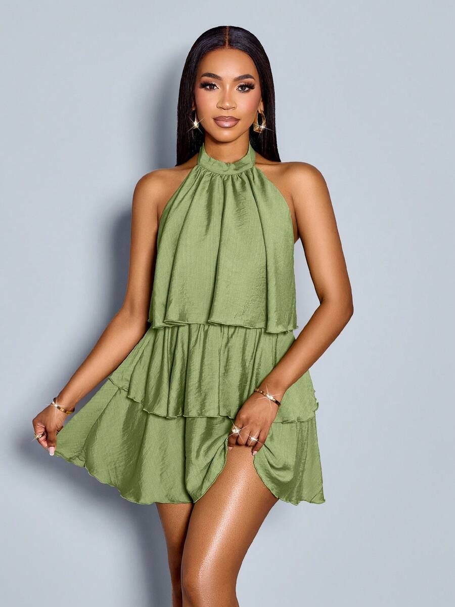 Elegant A-Line Halter Sleeveless Tie Ruffled Tiered Olive Mini Homecoming Dresses