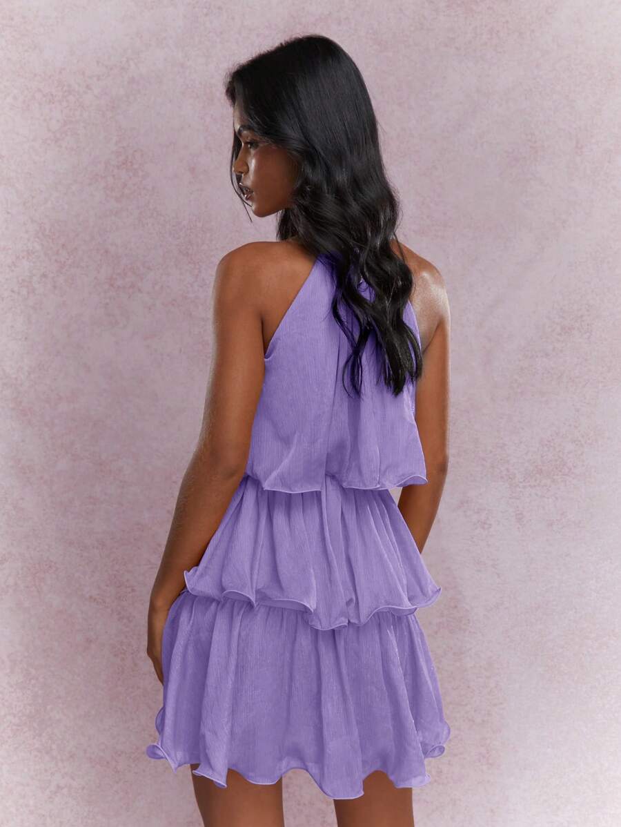 Elegant A-Line Halter Tiered Ruffle Lavender Short Summer Homecoming Dresses