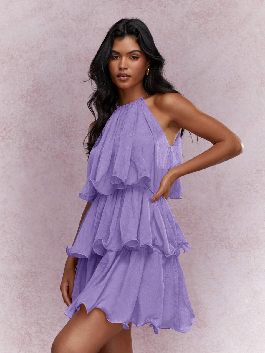 Elegant A-Line Halter Tiered Ruffle Lavender Short Summer Homecoming Dresses