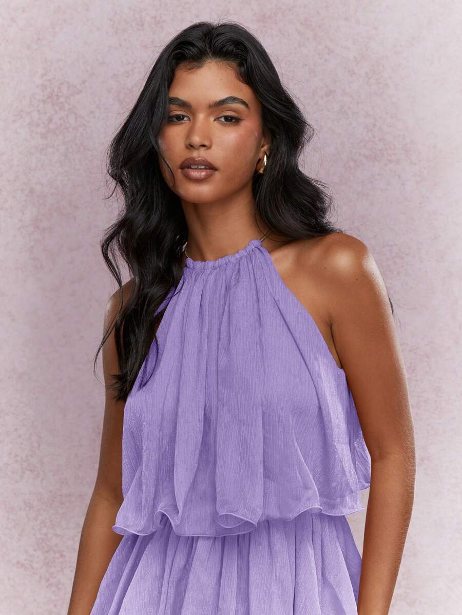 Elegant A-Line Halter Tiered Ruffle Lavender Short Summer Homecoming Dresses