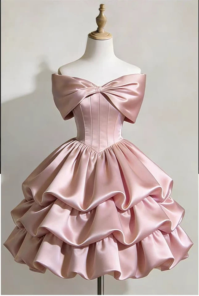 Elegant A-Line Off-Shoulder Bow Tiered Ruffle Satin Blush Pink Short Homecoming Dresses