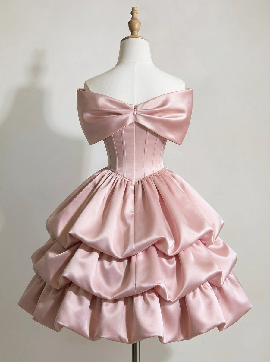 Elegant A-Line Off-Shoulder Bow Tiered Ruffle Satin Blush Pink Short Homecoming Dresses