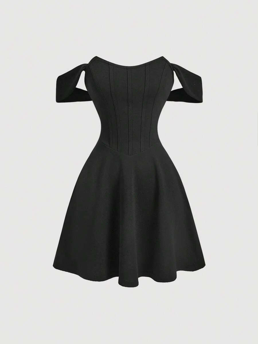 Elegant A-Line Off-Shoulder Cap Sleeve Corset Flared Black Short Homecoming Dress