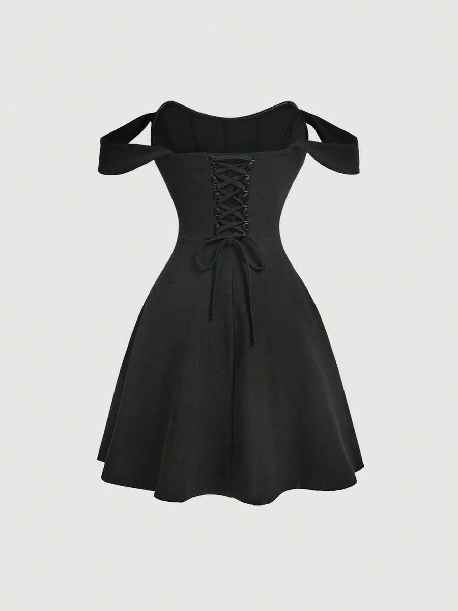 Elegant A-Line Off-Shoulder Cap Sleeve Corset Flared Black Short Homecoming Dress