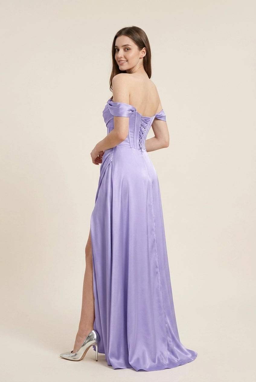 Elegant A-Line Off-Shoulder Corset High Slit Satin Lilac Floor-Length Prom Dress