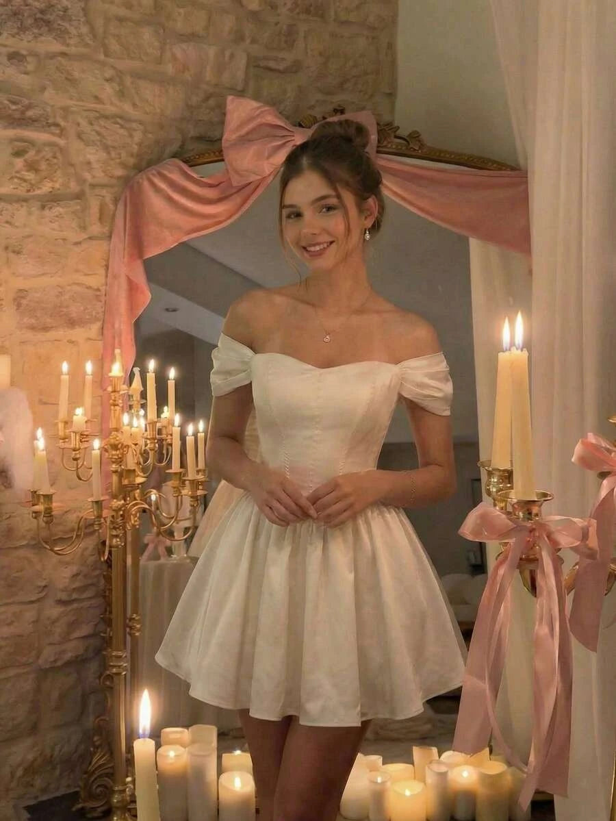 Elegant A-Line Off-Shoulder Corset Lace Up Ivory Short Homecoming Dresses