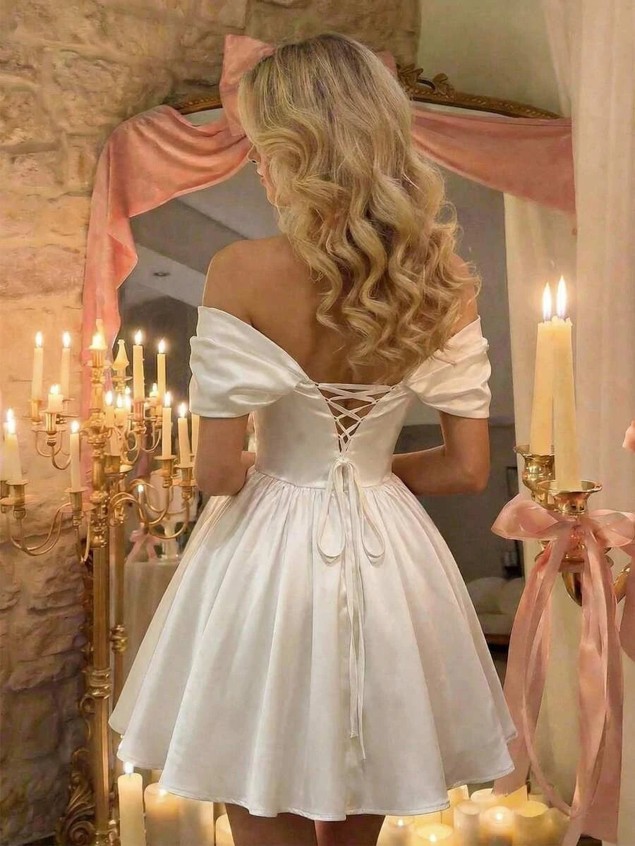 Elegant A-Line Off-Shoulder Corset Lace Up Ivory Short Homecoming Dresses