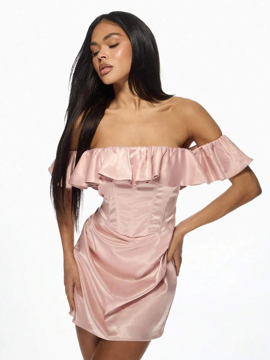 Elegant A-Line Off-Shoulder Corset Ruffle Satin Blush Pink Mini Homecoming Dresses