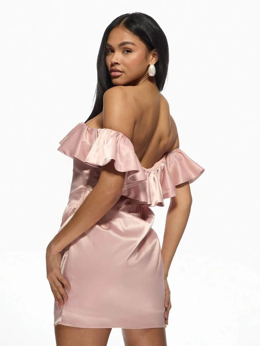 Elegant A-Line Off-Shoulder Corset Ruffle Satin Blush Pink Mini Homecoming Dresses