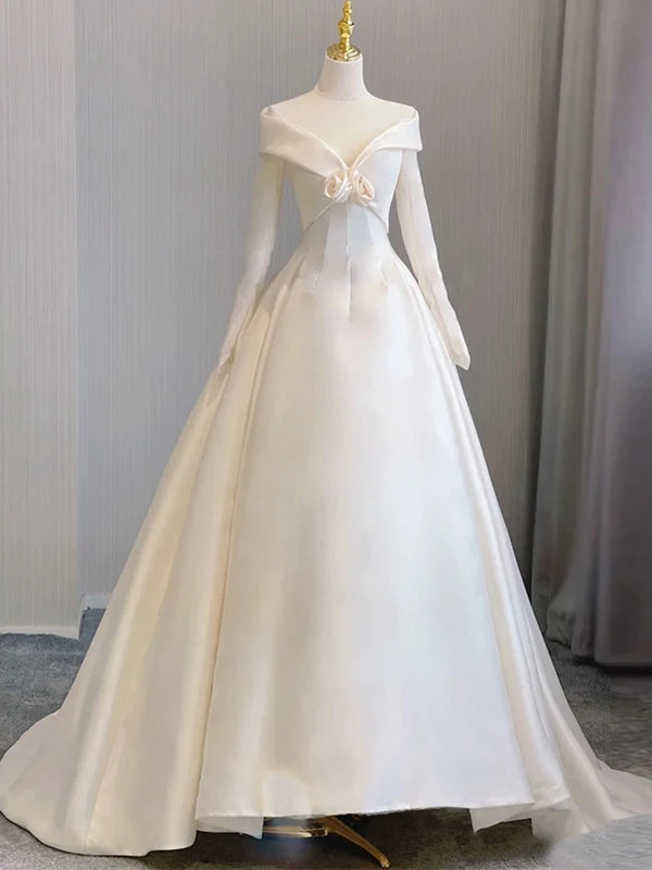Elegant A-Line Off-Shoulder Long Sleeve 3D Flower Satin Ivory Floor-Length Wedding Dress