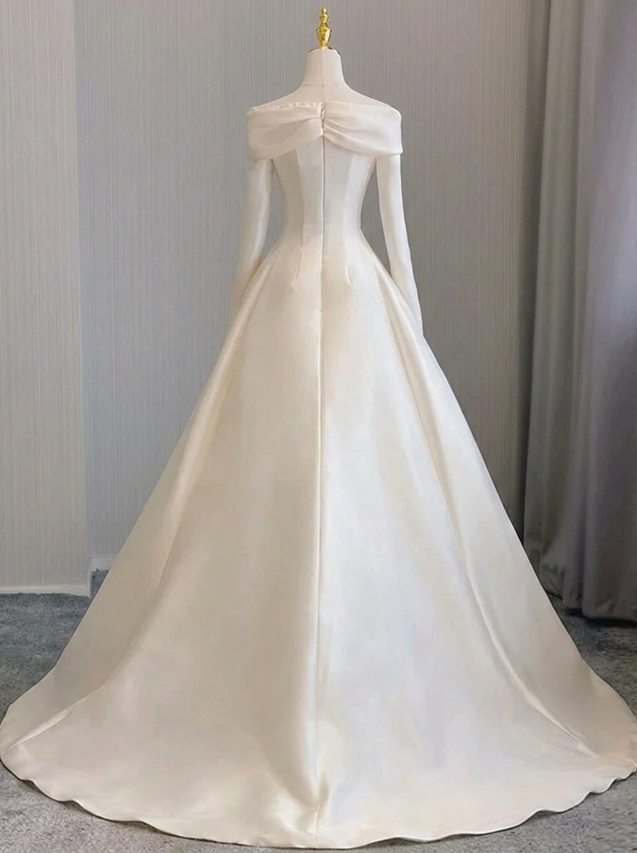 Elegant A-Line Off-Shoulder Long Sleeve 3D Flower Satin Ivory Floor-Length Wedding Dress