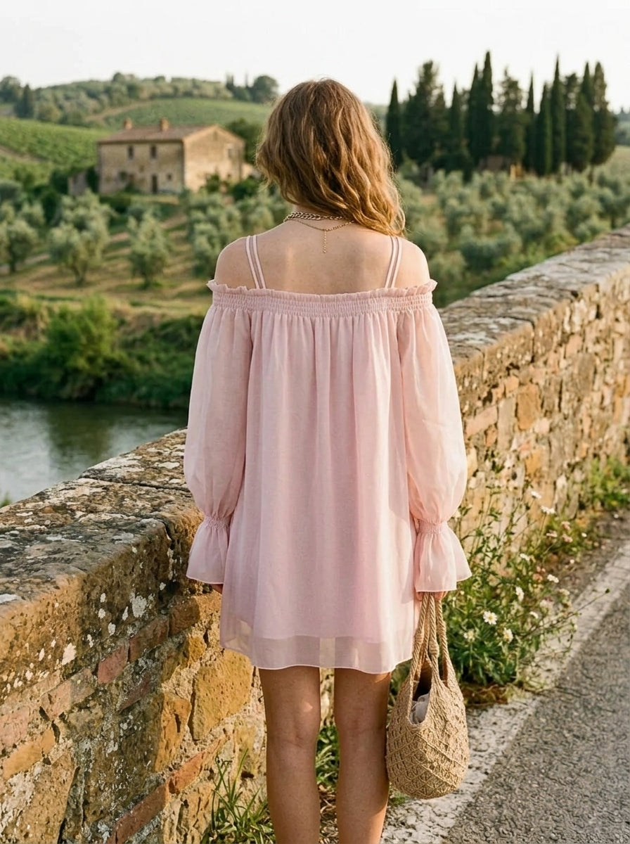 Elegant A-Line Off-Shoulder Long Sleeve Bohemian Blush Pink Mini Homecoming Dresses