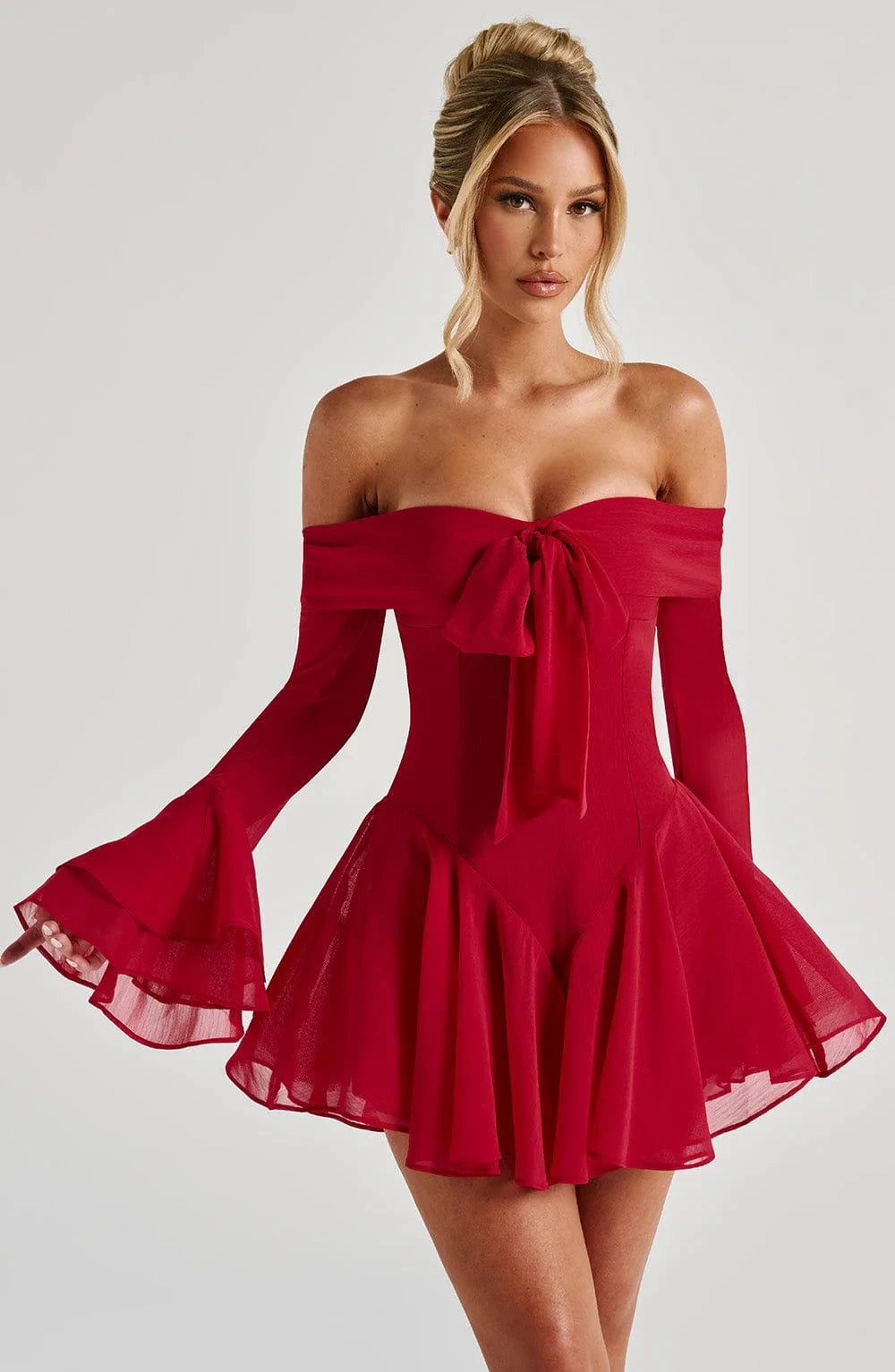 Elegant A-Line Off-Shoulder Long Sleeves Ruffled Bow Chiffon Red Short Homecoming Dress