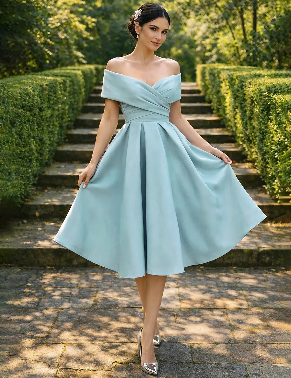 Elegant A-Line Off-Shoulder Pleated Dusty Blue Tea Length Homecoming Dress