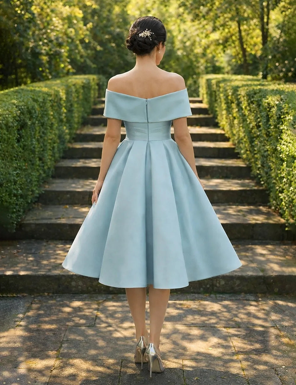 Elegant A-Line Off-Shoulder Pleated Dusty Blue Tea Length Homecoming Dress