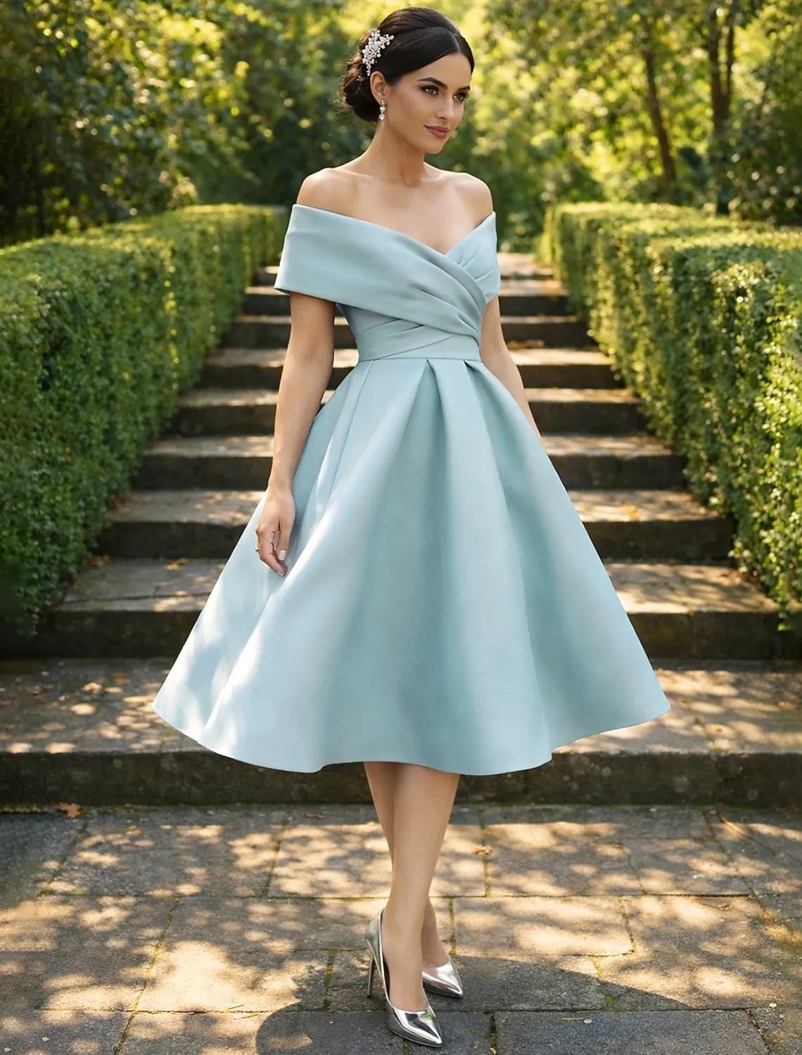 Elegant A-Line Off-Shoulder Pleated Dusty Blue Tea Length Homecoming Dress