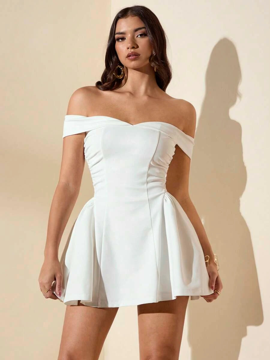 Elegant A-Line Off-Shoulder Pleated Flared Ruffle White Mini Homecoming Dresses