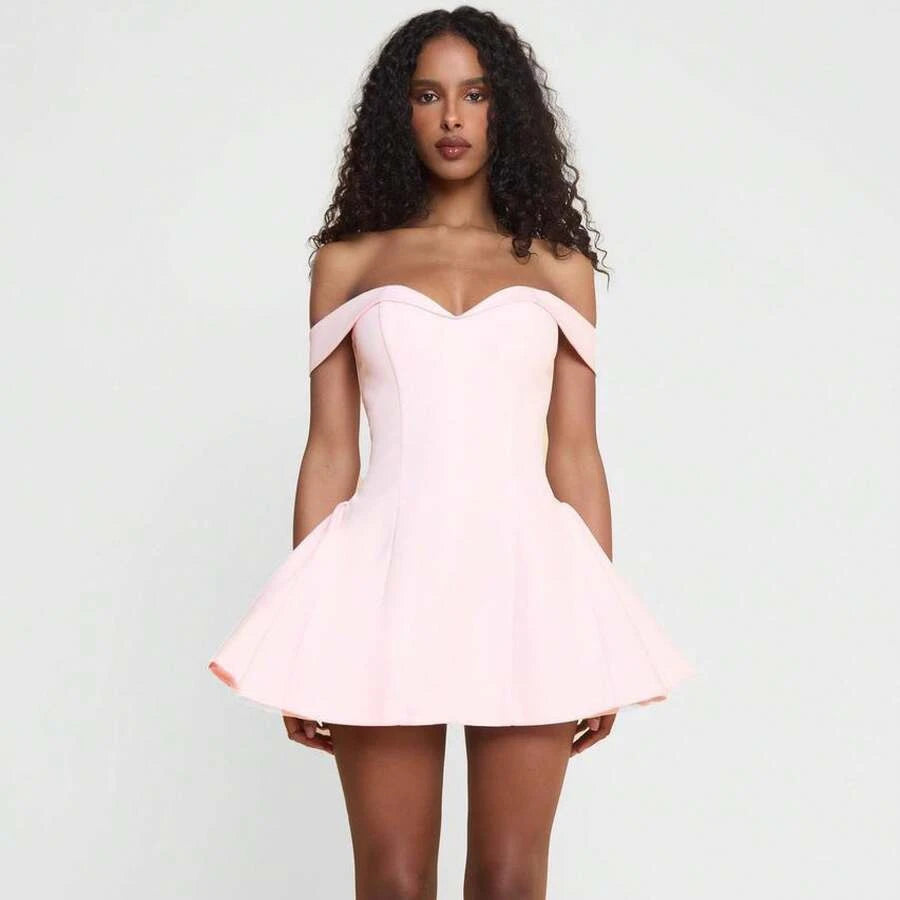 Elegant A-Line Off-Shoulder Pleated Pink Mini Homecoming Dress For Ladies