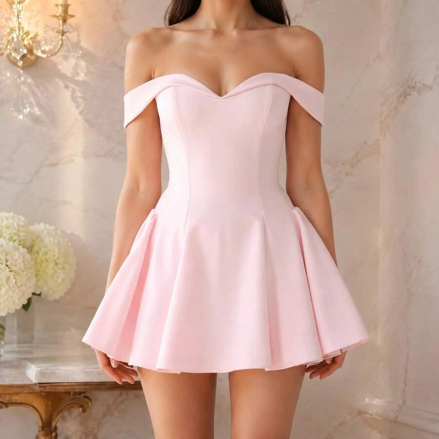 Elegant A-Line Off-Shoulder Pleated Pink Mini Homecoming Dress For Ladies
