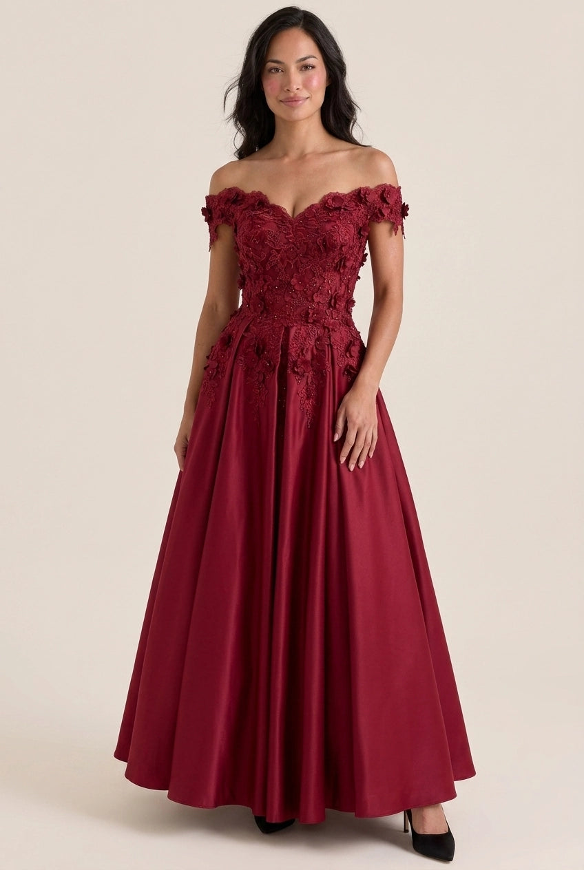 Elegant A-Line Off-Shoulder Sweetheart Floral Applique Satin Burgundy Floor-Length Prom Dress