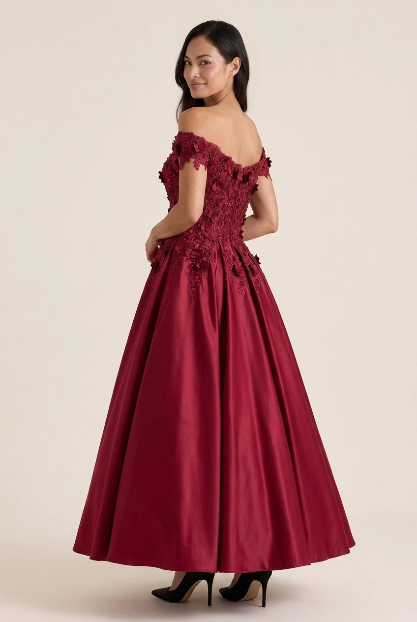Elegant A-Line Off-Shoulder Sweetheart Floral Applique Satin Burgundy Floor-Length Prom Dress
