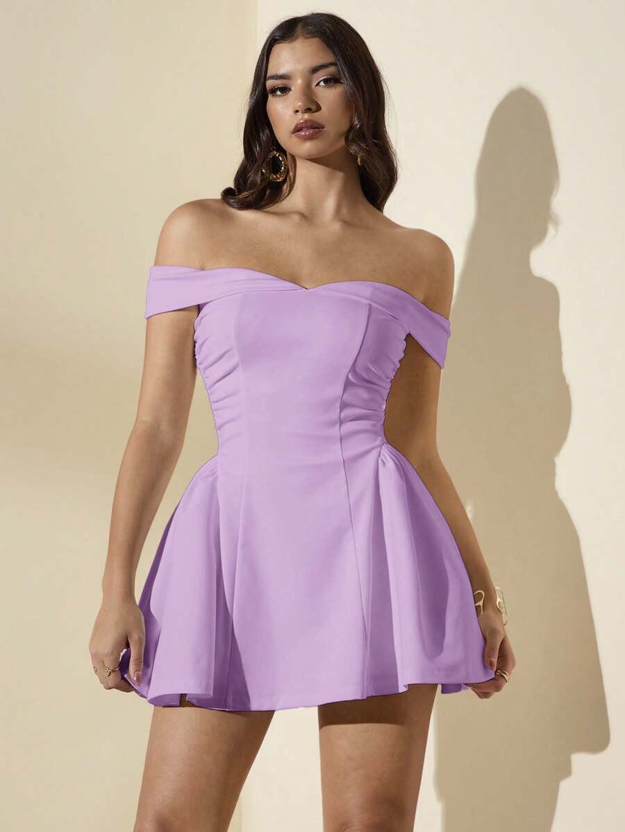 Elegant A-Line Off-Shoulder Sweetheart Pleated Solid Lavender Mini Homecoming Dresses