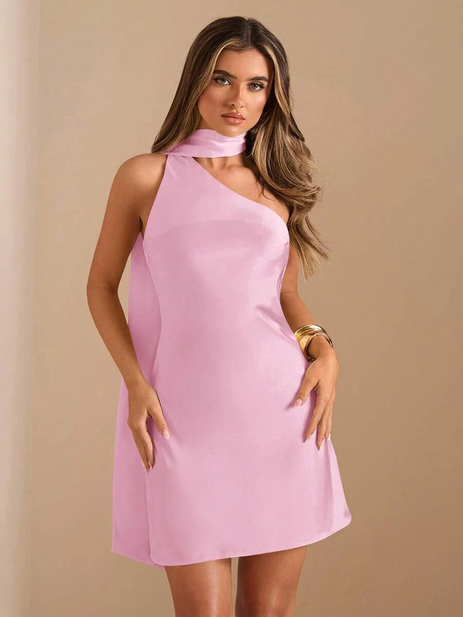 Elegant A-Line One-Shoulder Backless Satin Pink Mini Homecoming Dress With Scarf