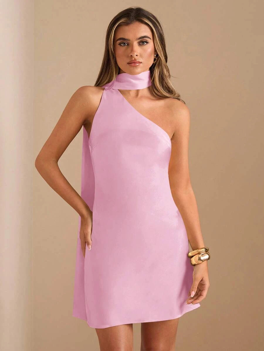 Elegant A-Line One-Shoulder Backless Satin Pink Mini Homecoming Dress With Scarf