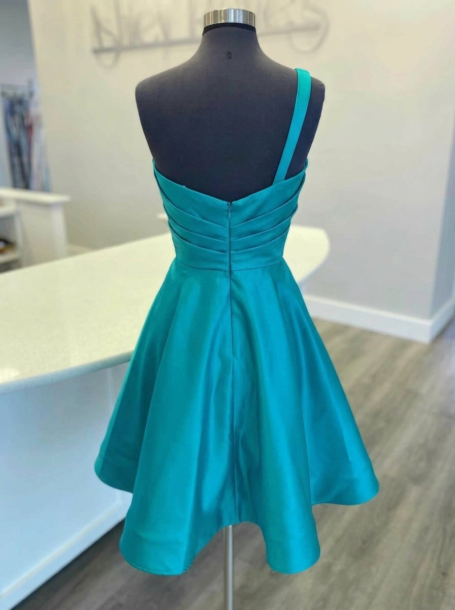 Elegant A-Line One-Shoulder Pleated Draped Satin Teal Short Homecoming Dress