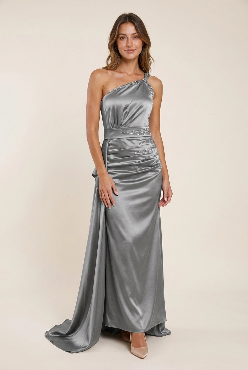 Elegant A-Line One-Shoulder Ruched Beaded Applique Sliver Grey Floor-Length Prom Dress