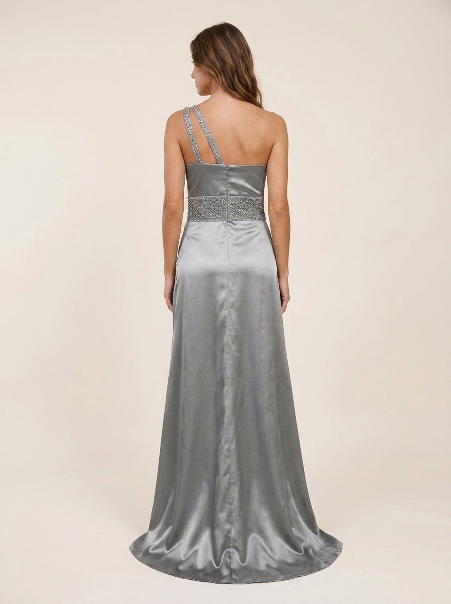 Elegant A-Line One-Shoulder Ruched Beaded Applique Sliver Grey Floor-Length Prom Dress