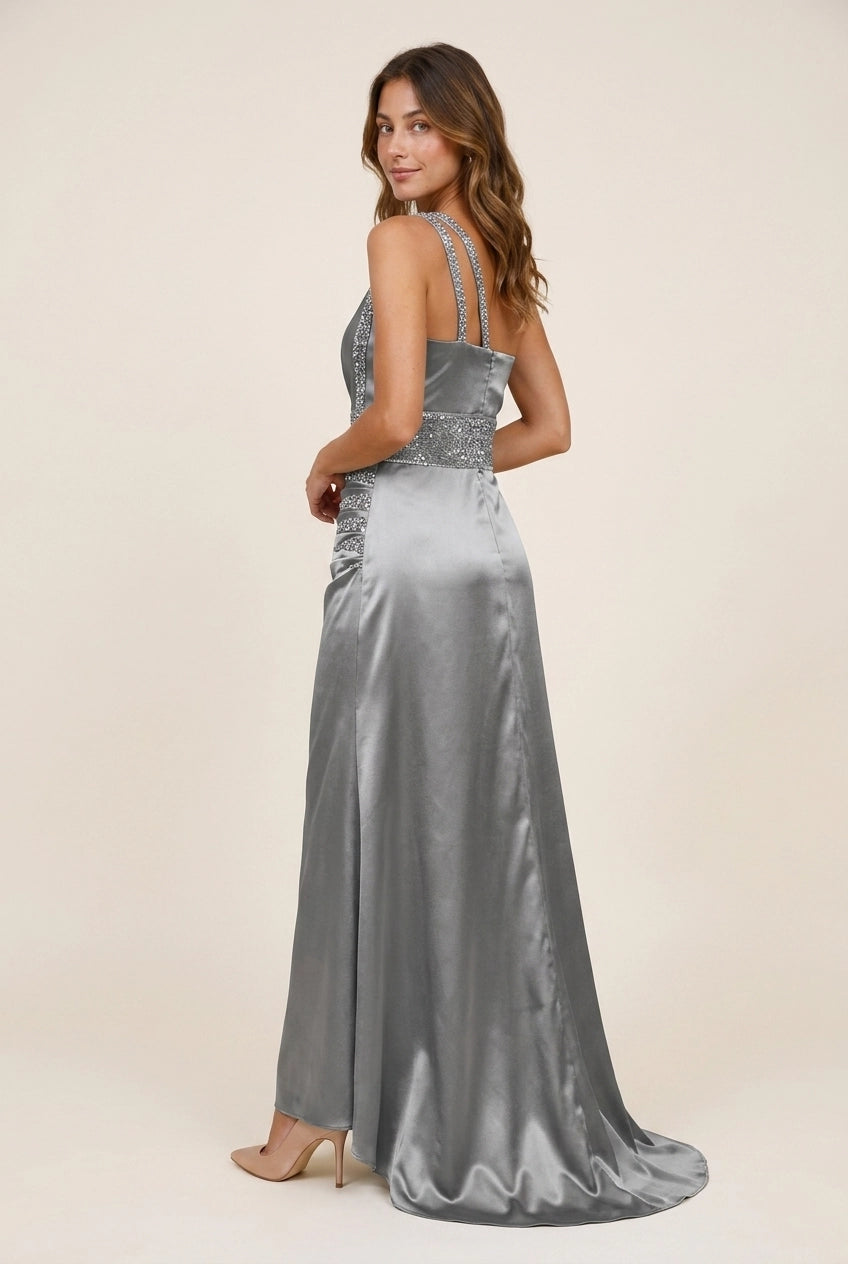 Elegant A-Line One-Shoulder Ruched Beaded Applique Sliver Grey Floor-Length Prom Dress
