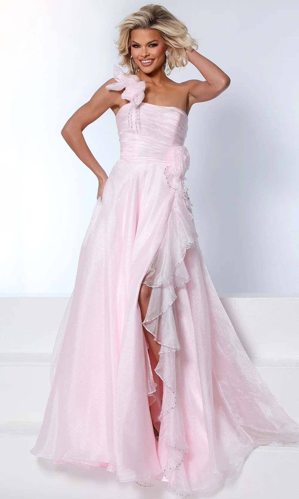 Dream A-Line One-Shoulder Ruffled Embellished Baby Pink Floor-Length Prom Dress