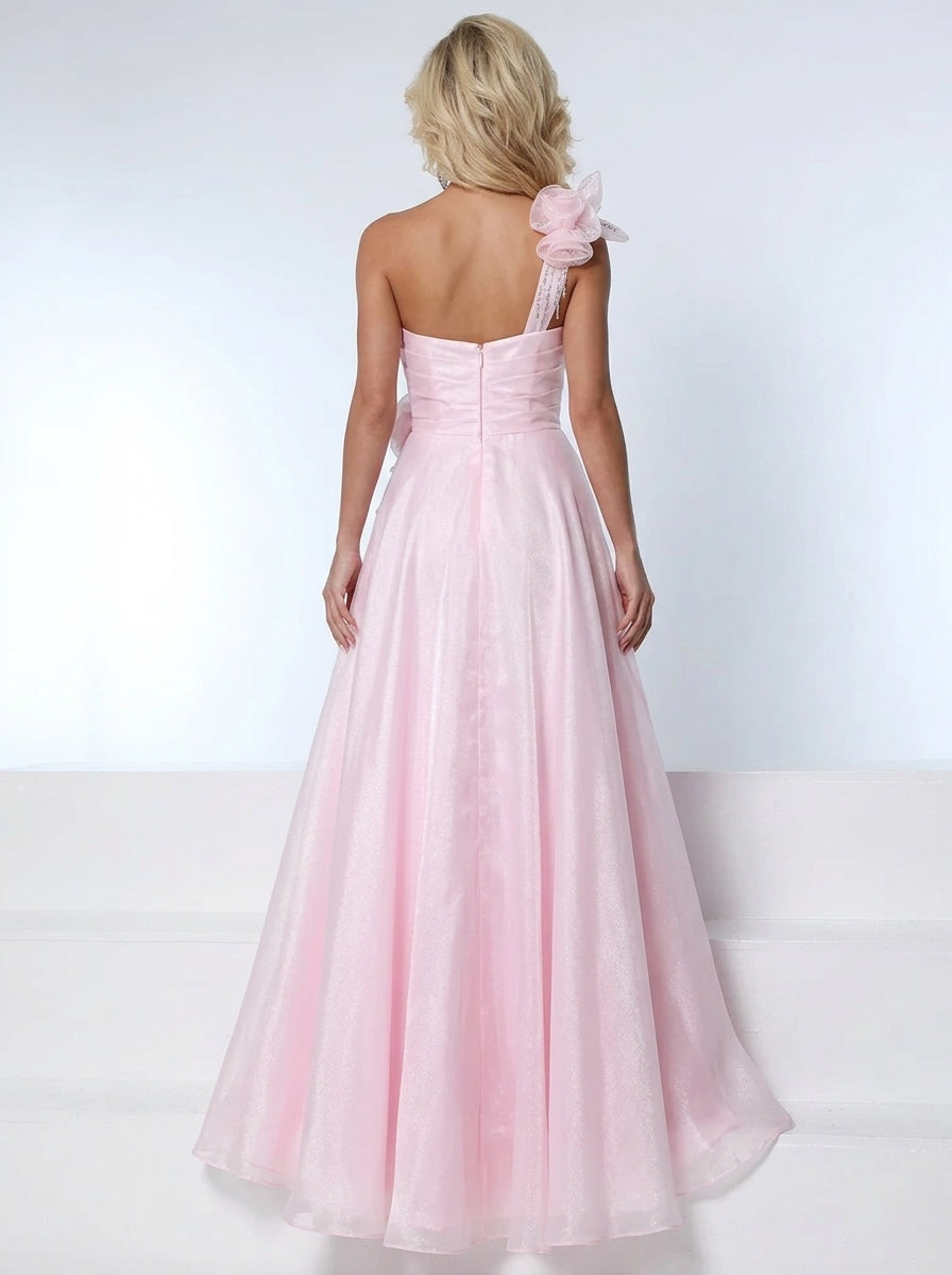 Dream A-Line One-Shoulder Ruffled Embellished Baby Pink Floor-Length Prom Dress